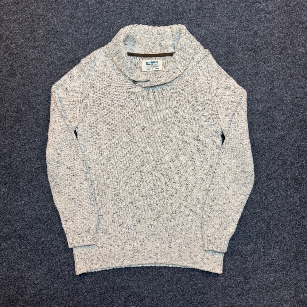 Urban Pipeline Mens XL Shawl Collar Marled Knit Sweater Cream Grey Pullover